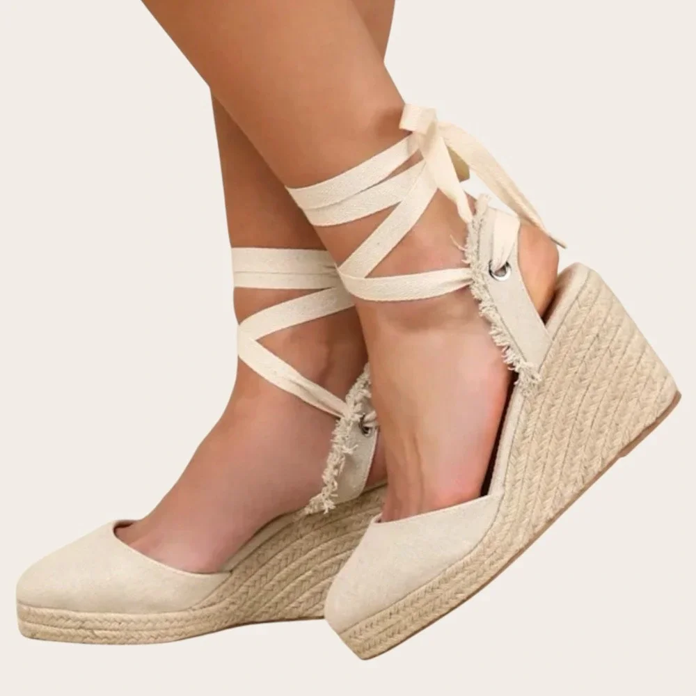 Lulus Elsinore Linen Lace-Up Espadrille Wedges Beige Closed‎ Toe 7.5 NWOT